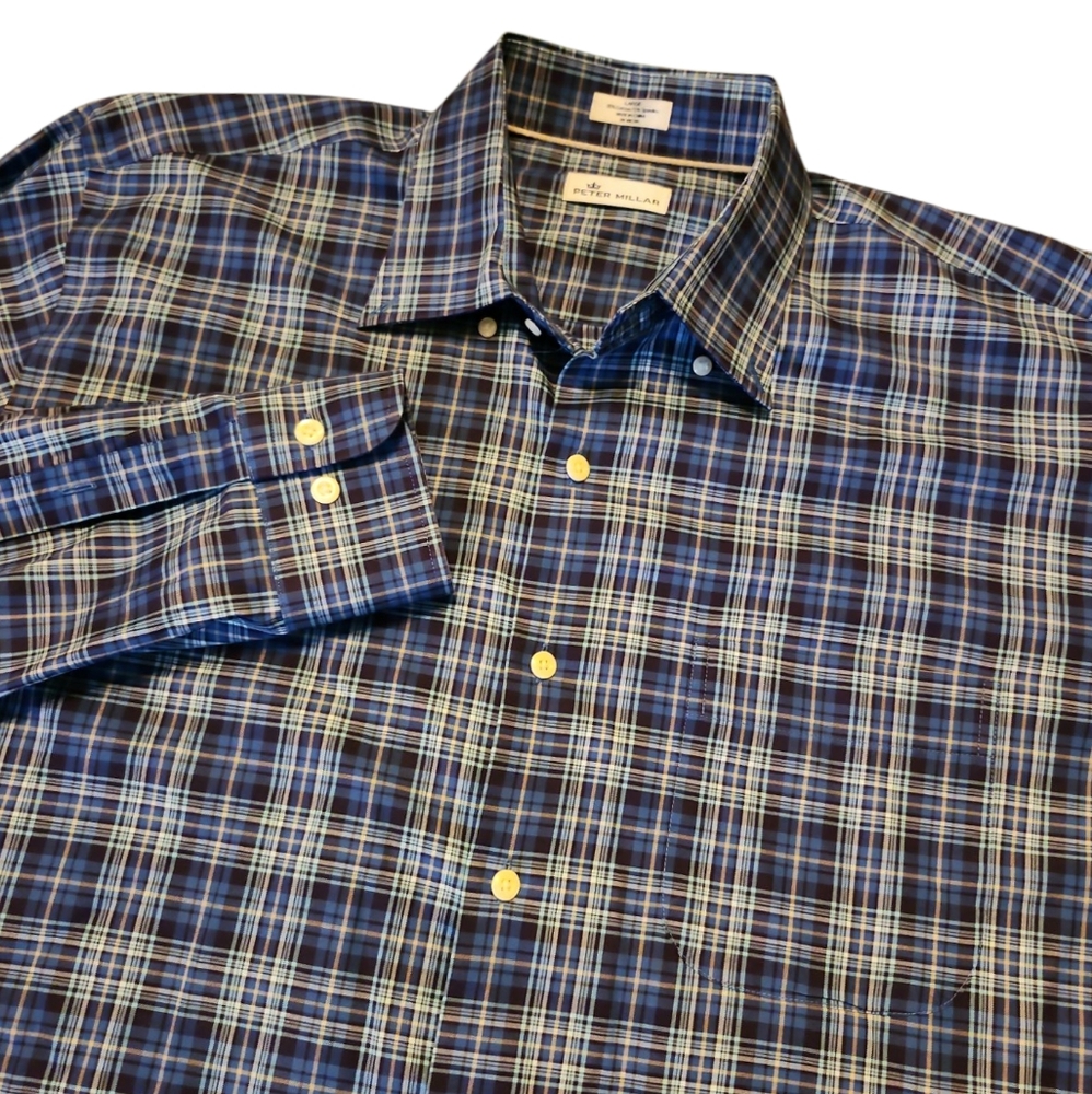 Peter Millar Men's Blue Plaid Button-down Preppy Long Sleeve Shirt Size Large